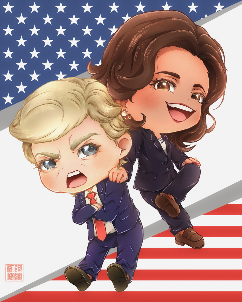 1boy, 1girl, absurdres, american_flag_background, anagatajavanese, black_jacket, black_pants, blonde_hair