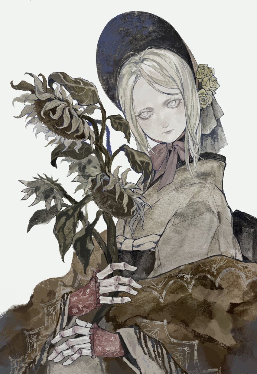 1girl, bloodborne, bonnet, doll_joints, expressionless, flower, highres, japanese_clothes