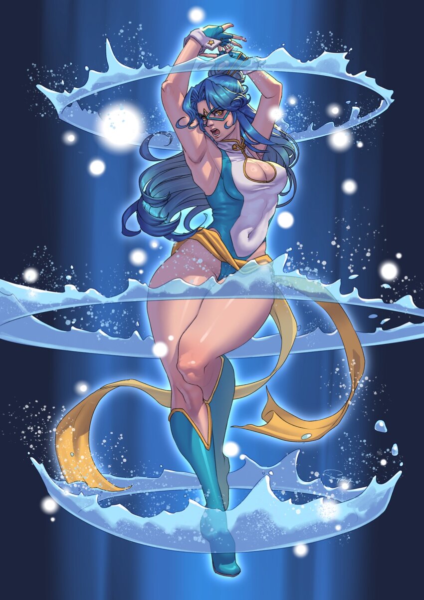 armpits, bare_hips, blue_footwear, blue_gloves, blue_leotard, covered_navel, domino_mask, eye_mask