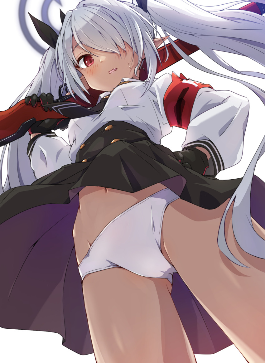 1girl, armband, black_gloves, black_skirt, blue_archive, blush, cameltoe, commentary, dark-skinned_female, dark_skin, fang, from_below, gloves, grey_hair, gun, hair_over_one_eye, halo, hand_on_own_hip, highres, holding, holding_gun, holding_weapon, iori_(blue_archive), mosuke1221, navel, open_mouth, panties, pointy_ears, purple_halo, red_armband, red_eyes, shirt, skirt, solo, sweatdrop, twintails, two-tone_gloves, underwear, weapon, white_background, white_panties, white_shirt