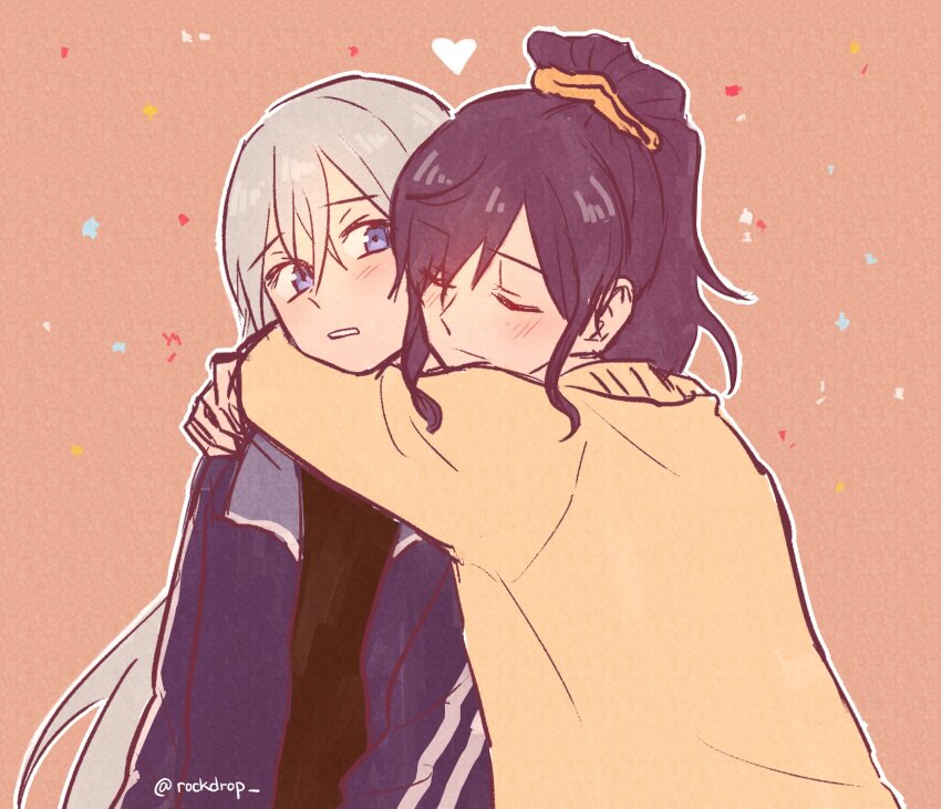 2girls, arms_around_neck, asahina_mafuyu, closed_eyes, commentary, english_commentary, heart, highres