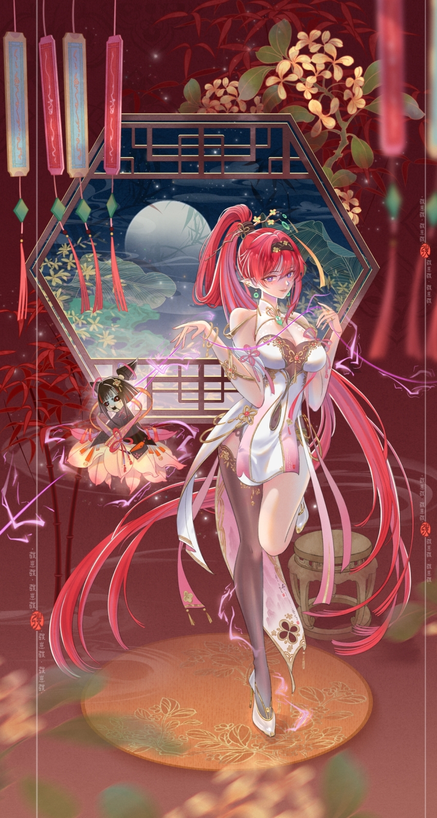 1girl, alternate_costume, artist_logo, artist_name, bamboo, bamboo_leaf, bare_shoulders, black_hairband, black_thighhighs, branch, breasts, calligraphy, china_dress, chinese_clothes, chinese_commentary, cleavage, cleavage_cutout, clothing_cutout, cloud, commentary, dress, earrings, facial_mark, flower, full_moon, hair_intakes, hair_rings, hairband, high_heels, high_ponytail, highres, indoors, jade_(gemstone), jewelry, katsuyamamage, large_breasts, leaf, leaf_print, leg_up, linea_alba, logo, long_hair, looking_at_viewer, mark_under_both_eyes, moon, mountain_print, navel_peek, night, palm_leaf, pointy_ears, ponytail, print_dress, puppet, puppet_strings, purple_eyes, red_background, red_hair, rug, short_dress, single_bare_leg, single_thighhigh, sky, solo, standing, standing_on_one_leg, star_(sky), stiletto_heels, stomach_cutout, stool, taozaitao, thighhighs, very_long_hair, watermark, white_dress, white_footwear, window, wuthering_waves, yellow_flower, yinlin_(wuthering_waves), zapstring_(wuthering_waves)