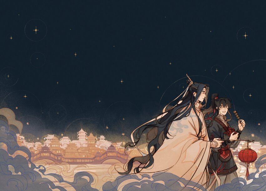 2boys, architecture, black_eyes, black_hair, black_hands, bridge, chinese_clothes, city, closed_eyes, colored_extremities, east_asian_architecture, food, hair_ribbon, hanfu, headband, high_ponytail, highres, holding, holding_jug, holding_lantern, holding_skewer, lan_wangji, lantern, long_hair, long_sleeves, looking_at_another, meat, modao_zushi, multiple_boys, night, paper_lantern, ponytail, raccun7, red_ribbon, ribbon, skewer, smile, smoke, standing, star_(sky), upper_body, water, wei_wuxian, white_hanfu, white_headband, white_ribbon, wide_sleeves, xiao_guan_(headdress)