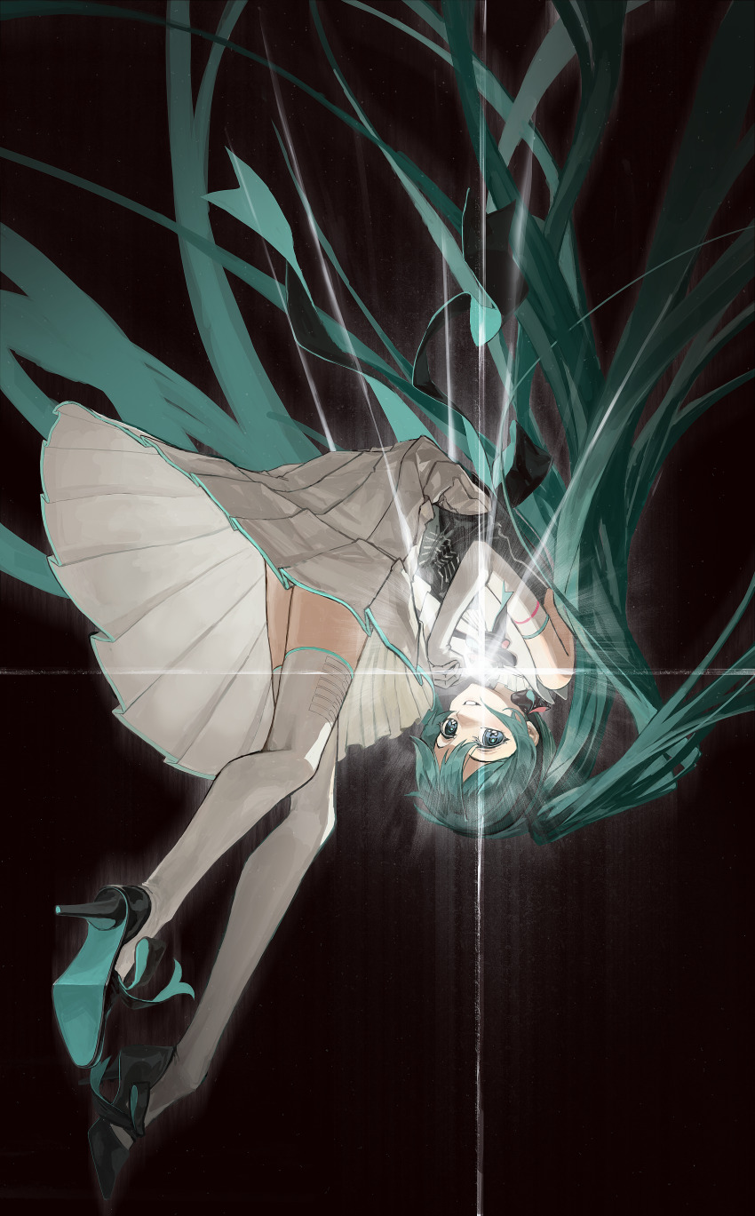 1girl, absurdres, aqua_eyes, aqua_hair, black_background, black_footwear, blue_eyes, commentary_request, dress, elbow_gloves, full_body, gloves, grin, hair_between_eyes, hatsune_miku, high_heels, highres, long_hair, miku_symphony_(vocaloid), partial_commentary, shimashima_(shimashima_4444), smile, solo, teeth, thighhighs, twintails, very_long_hair, vocaloid, white_gloves, white_thighhighs