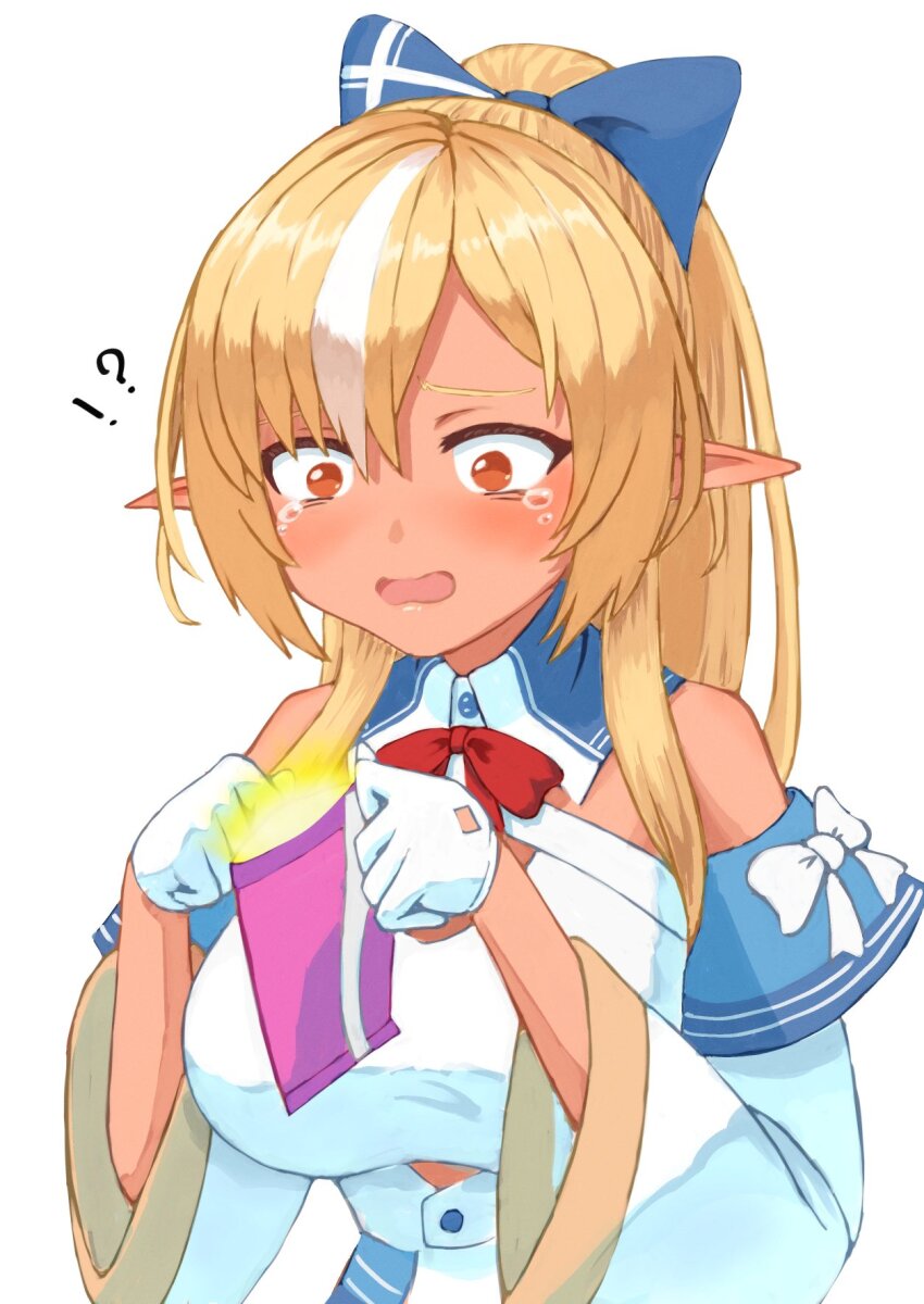 !?, 1girl, blonde_hair, blue_bow, bow, breasts, center_opening, dark-skinned_female, dark_elf, dark_skin, detached_sleeves, dress, elf, gai_(gai_8), gloves, hair_bow, highres, holding, hololive, large_breasts, long_hair, multicolored_hair, neck_ribbon, pointy_ears, ponytail, red_eyes, red_ribbon, ribbon, shiranui_flare, shiranui_flare_(1st_costume), simple_background, solo, streaked_hair, tears, virtual_youtuber, white_background, white_dress, white_gloves, white_hair