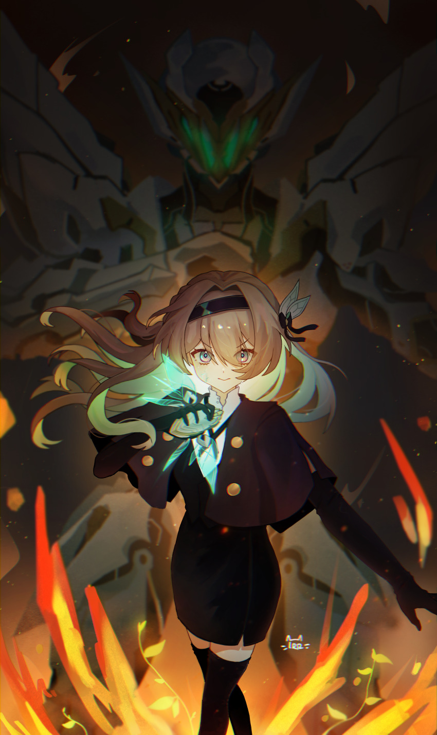 1girl, absurdres, black_capelet, black_gloves, black_hairband, black_ribbon, black_skirt, black_thighhighs, black_vest, capelet, commentary, dress, elbow_gloves, english_commentary, firefly_(honkai:_star_rail), floating_hair, gloves, grey_hair, hairband, highres, holding, honkai:_star_rail, honkai_(series), legitrebelrose, long_hair, mecha, neck_ribbon, pencil_skirt, purple_eyes, ribbon, robot, sam_(honkai:_star_rail), serious, signature, skirt, thighhighs, v-shaped_eyebrows, vest