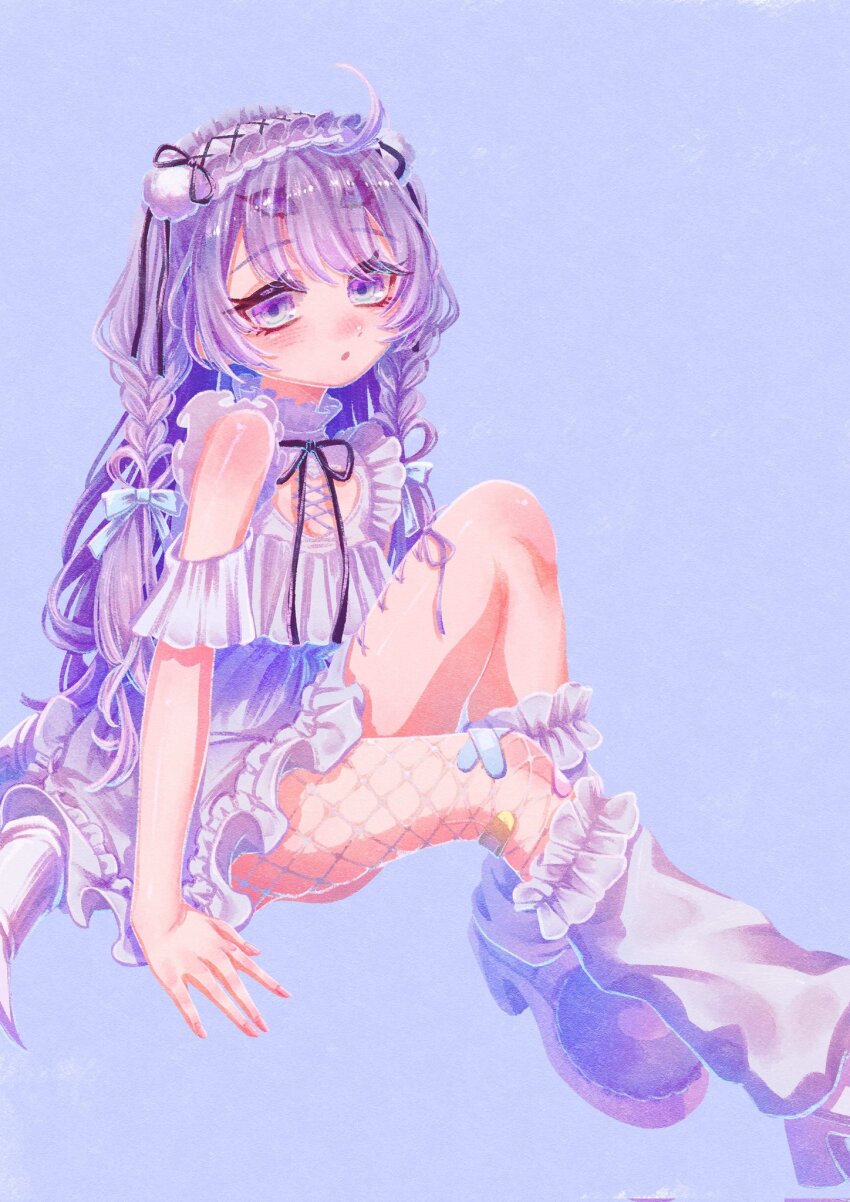 1girl, amiya_aranha, amiya_aranha_(1st_costume), arthropod_limbs, black_ribbon, blue_background, blue_bow, bow, braid, commission, corrupted_twitter_file, corset_piercing, dress, extra_legs, fishnet_pantyhose, fishnets, flat_chest, hair_bow, hairband, highres, indie_virtual_youtuber, leg_warmers, lolita_hairband, long_hair, looking_at_viewer, pantyhose, purple_eyes, purple_hair, purple_pantyhose, purple_ribbon, ribbon, second-party_source, single_leg_pantyhose, sitting, skeb_commission, solo, twin_braids, two_side_up, very_long_hair, virtual_youtuber, white_dress, white_hairband, white_leg_warmers, yuugegohan