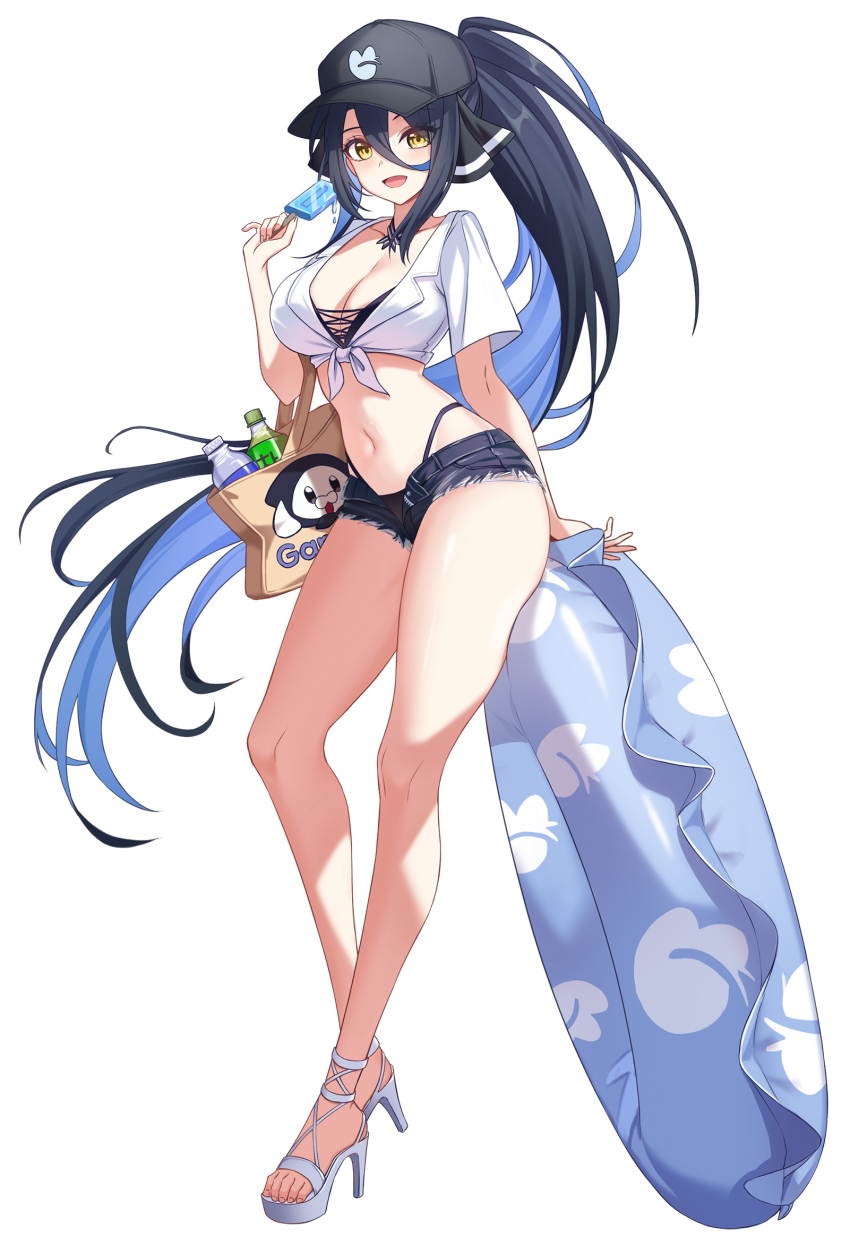 1girl, bag, bare_legs, baseball_cap, bikini, bikini_under_clothes, black_bikini, black_hair