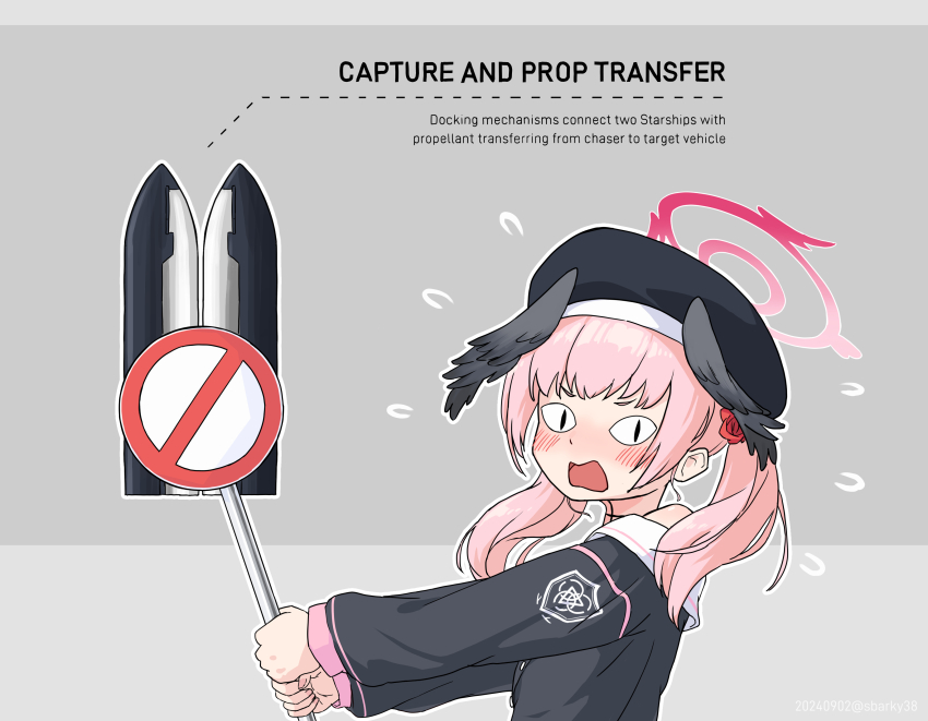 <|>_<|>, 1girl, absurdres, beret, black_hat, black_shirt, blue_archive, blush