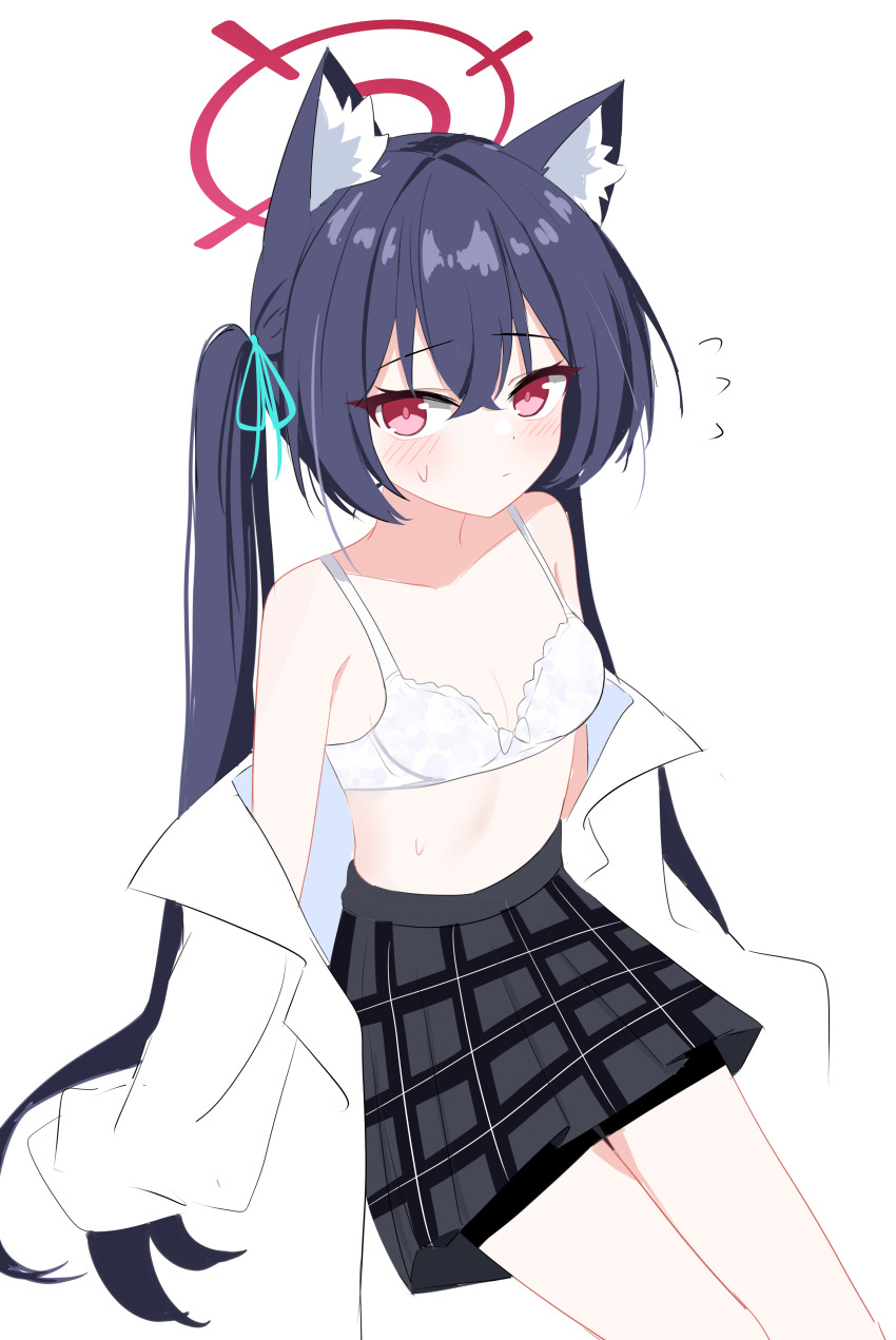 1girl, absurdres, animal_ear_fluff, animal_ears, aqua_ribbon, bike_shorts, bike_shorts_under_skirt, blue_archive, blue_hair, bra, cat_ears, closed_mouth, coat, collarbone, dark_blue_hair, dot_nose, embarrassed, flying_sweatdrops, grey_skirt, hair_between_eyes, hair_ribbon, halo, highres, lmg7811, long_hair, open_clothes, open_coat, plaid_clothes, plaid_skirt, red_eyes, red_halo, ribbon, serika_(blue_archive), simple_background, sitting, skirt, solo, twintails, underwear, very_long_hair, white_background, white_bra, white_coat