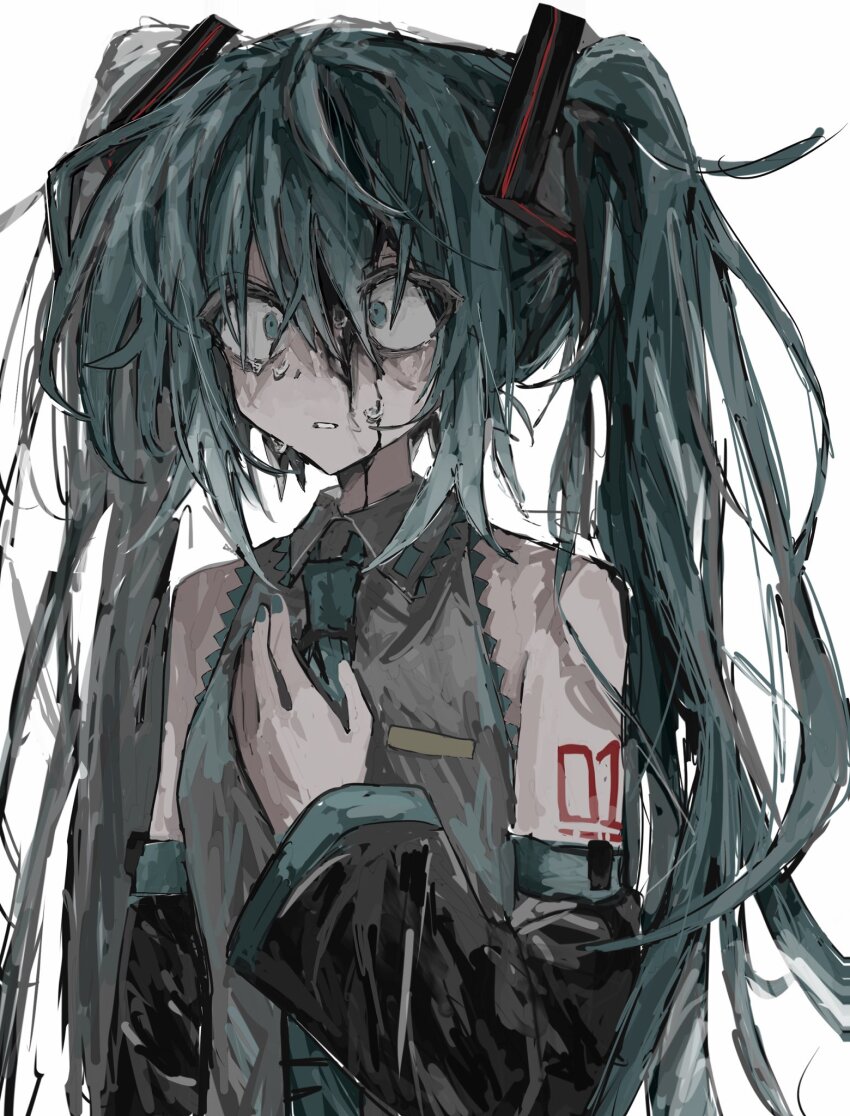 1girl, aqua_eyes, aqua_hair, detached_sleeves, hair_ornament, hand_on_own_chest, hatsune_miku, highres