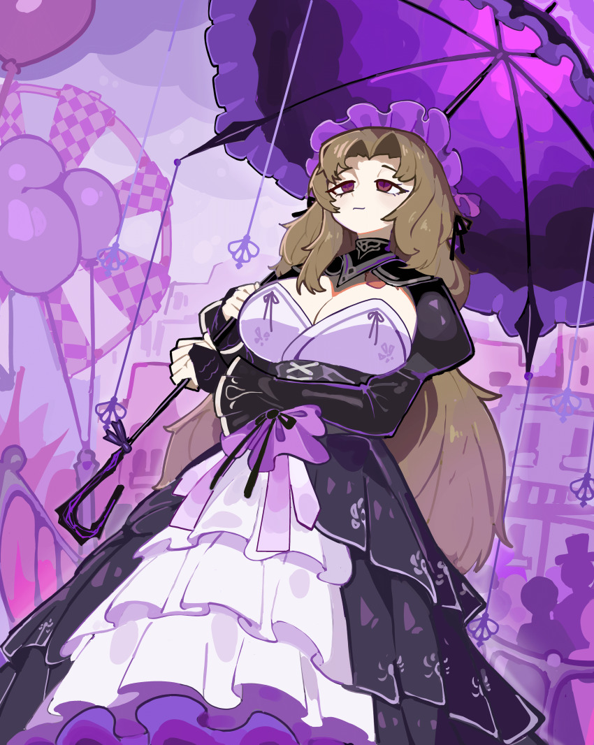 1girl, absurdres, balloon, bonnet, breasts, brown_hair, building, chest_tattoo, cleavage, commentary_request, corset, dress, feet_out_of_frame, from_below, highres, holding, holding_umbrella, juliet_sleeves, korean_commentary, la_manchaland_(identity)_(project_moon), limbus_company, long_hair, long_sleeves, looking_ahead, outdoors, people, project_moon, puffy_sleeves, purple_bonnet, purple_corset, purple_dress, purple_eyes, purple_sky, purple_umbrella, rodion_(project_moon), sky, slit_pupils, solo_focus, standing, tattoo, teko1193, umbrella, very_long_hair