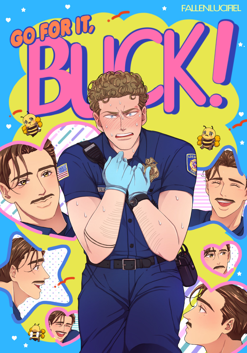 2boys, 911_(tv_series), arm_hair, badge, bee, blonde_hair, blue_eyes, blue_gloves, blush, brown_eyes, brown_hair, bug, burn_scar, closed_eyes, cover, cover_page, cowboy_shot, curly_hair, eddie_diaz, evan_buckley, facial_hair, fallen-lucifiel, firefighter, firefighter_jacket, flustered, ganbare!_nakamura-kun!!, gloves, highres, insect, jacket, loose_hair_strand, male_focus, mole, mole_under_eye, multiple_boys, multiple_views, mustache, parody, pom_pom_(cheerleading), profile, scar, scar_across_eyebrow, scar_on_face, short_hair, smile, sparse_stubble, sweatdrop, thick_mustache, watch, wristwatch, yaoi