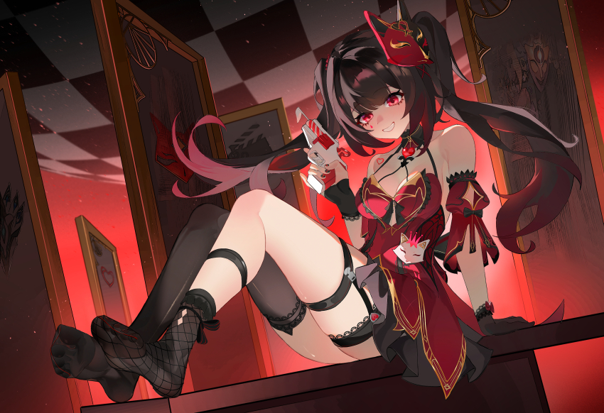 1girl, absurdres, asymmetrical_legwear, bare_shoulders, black_hair, black_nails, black_thighhighs, commentary_request