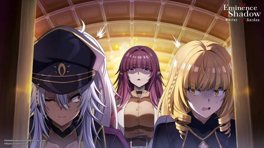 3girls, artist_request, black_choker, black_hat, black_jacket, blonde_hair, braid, brown_eyes