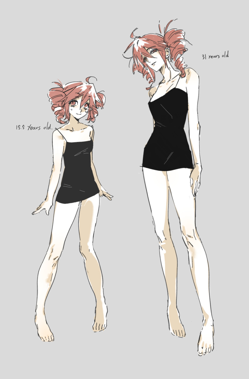 2girls, age_comparison, alternate_costume, arms_at_sides, barefoot, black_camisole, breasts, camisole, character_age, chinese_commentary, closed_mouth, commentary_request, drill_hair, dual_persona, english_text, full_body, grey_background, half-closed_eyes, hand_on_own_thigh, highres, kasane_teto, looking_at_viewer, matching_outfits, medium_breasts, medium_hair, mr.cockroach, multiple_girls, no_pants, parted_lips, pigeon-toed, red_eyes, red_hair, short_hair, side-by-side, simple_background, smile, spaghetti_strap, standing, strap_slip, twin_drills, utau