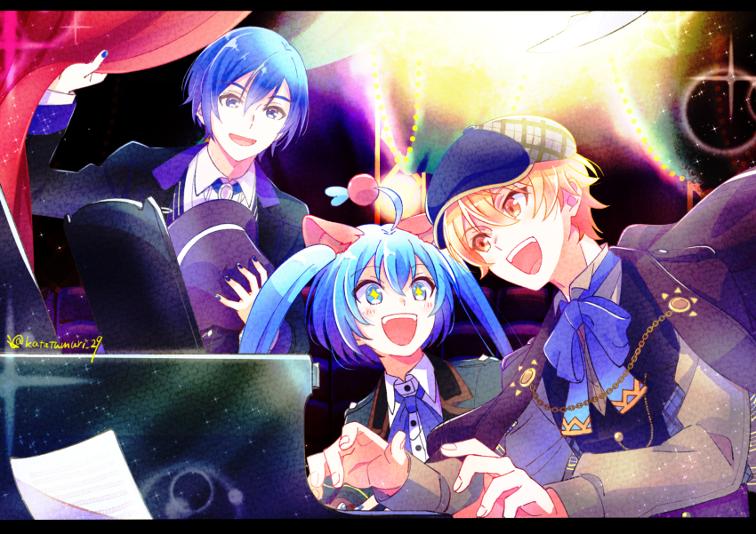 1girl, 2boys, ahoge, animal_ears, backlighting, black_coat, black_hat, black_jacket