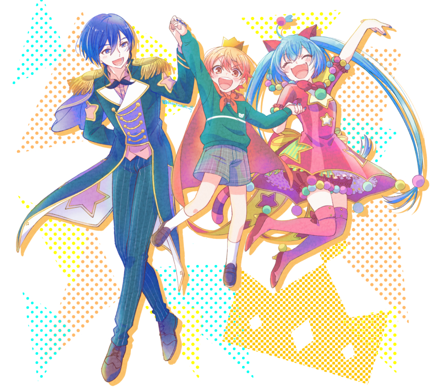 1girl, 2boys, age_difference, aged_down, ahoge, animal_ears, arm_behind_back, arm_up