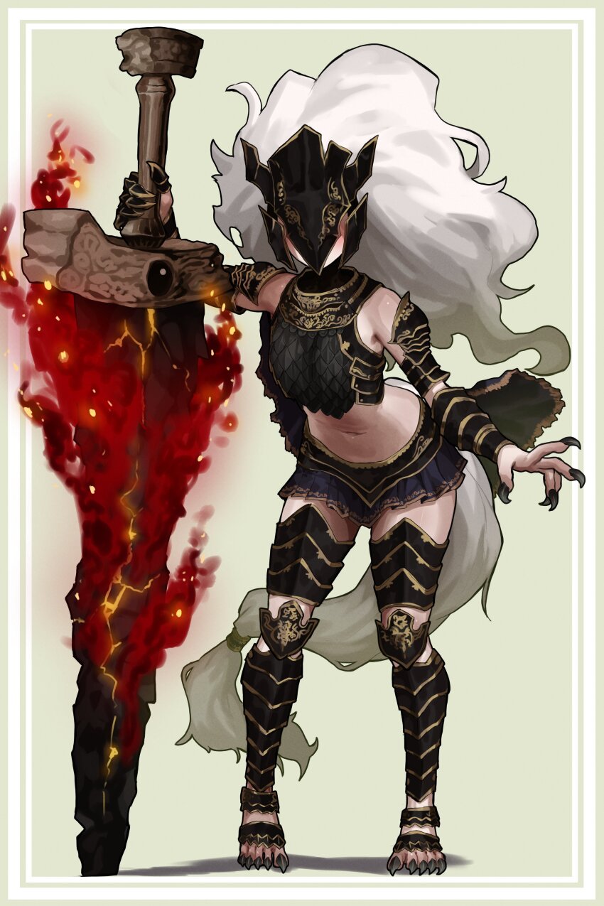1girl, absurdres, armor, aura, border, breasts, chainmail, claws, commentary_request, covered_eyes, ekrea_jan, elden_ring, facing_viewer, full_body, genderswap, genderswap_(mtf), greatsword, helmet, helmet_over_eyes, highres, holding, holding_sword, holding_weapon, huge_weapon, leg_armor, long_hair, maliketh's_black_blade, maliketh_the_black_blade, midriff, miniskirt, navel, ornate_armor, personification, petite, planted, planted_sword, planted_weapon, pleated_skirt, shadow, simple_background, skirt, small_breasts, solo, sword, tail, weapon, white_hair