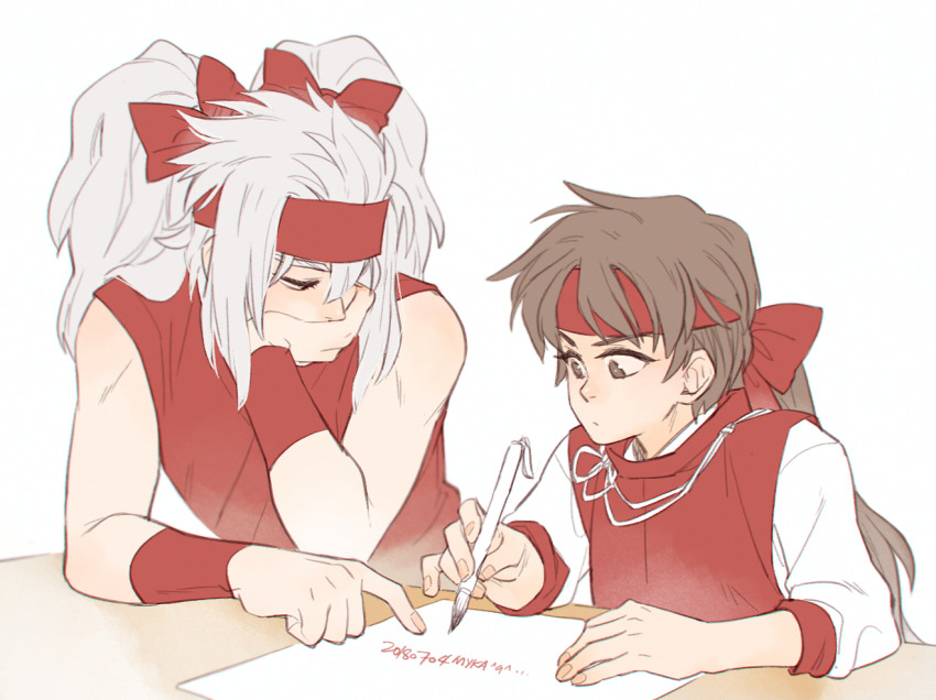 2boys, aged_down, bare_shoulders, bow, brothers, brown_eyes, brown_hair, calligraphy_brush