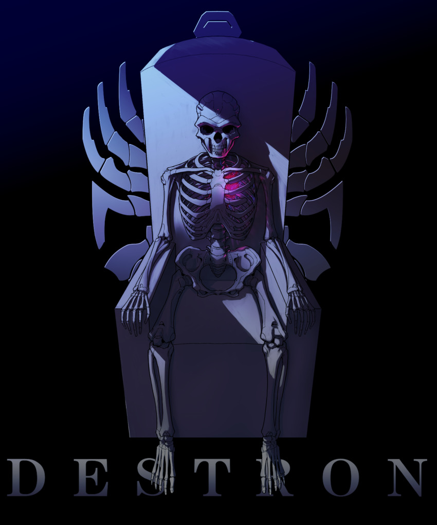 1girl, black_background, commentary, destron_leader, eidenjyou1997, emblem, english_commentary, fangs, genderswap, genderswap_(mtf), glowing, glowing_organ, heart_(organ), highres, kamen_rider, kamen_rider_v3_(series), simple_background, sitting, on_throne, skeleton, skull, solo, spine, throne, undead