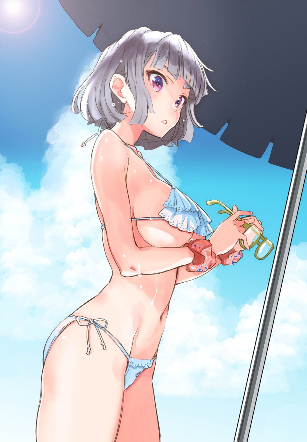 1girl, abeno_chako, bare_shoulders, bikini, bikini_day, bracelet, breasts, cowboy_shot