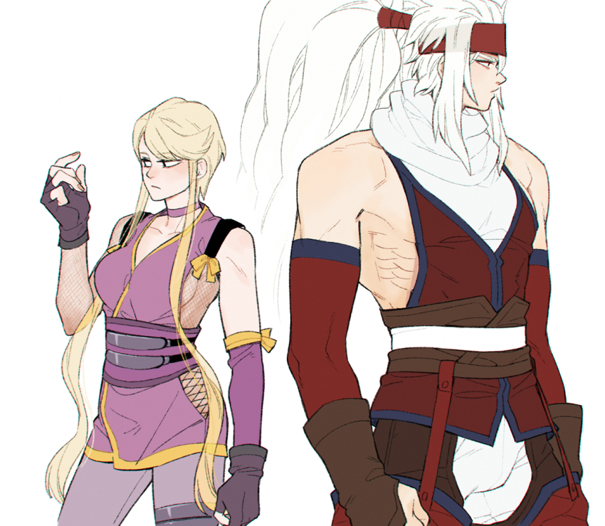 1boy, 1girl, bare_shoulders, big_hair, cowboy_shot, fingerless_gloves, fishnets, frown