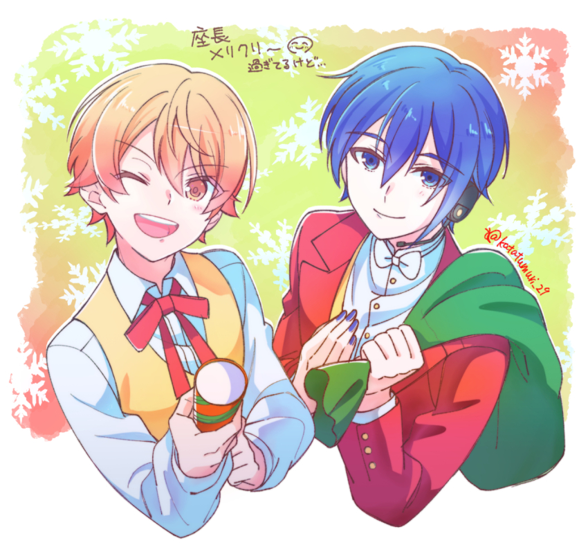 2boys, blonde_hair, blue_eyes, blue_hair, blue_nails, border, bow, bowtie