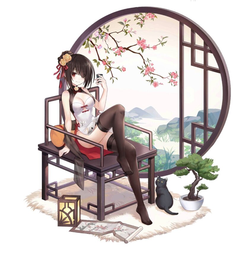 1girl, black_hair, black_thighhighs, bonsai, breasts, cat, chair, date_a_live