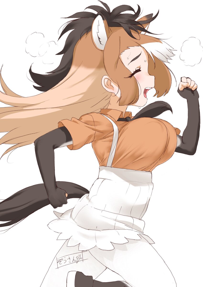 absurdres, animal_ears, bouncing, breasts, brown_hair, closed_eyes, gloves, heavy, highres, horse_ears, horse_girl, horse_tail, kemono_friends, large_breasts, long_hair, masuyama_ryou, necktie, przewalski's_horse_(kemono_friends), running, shirt, skirt, smile, sweat, tail