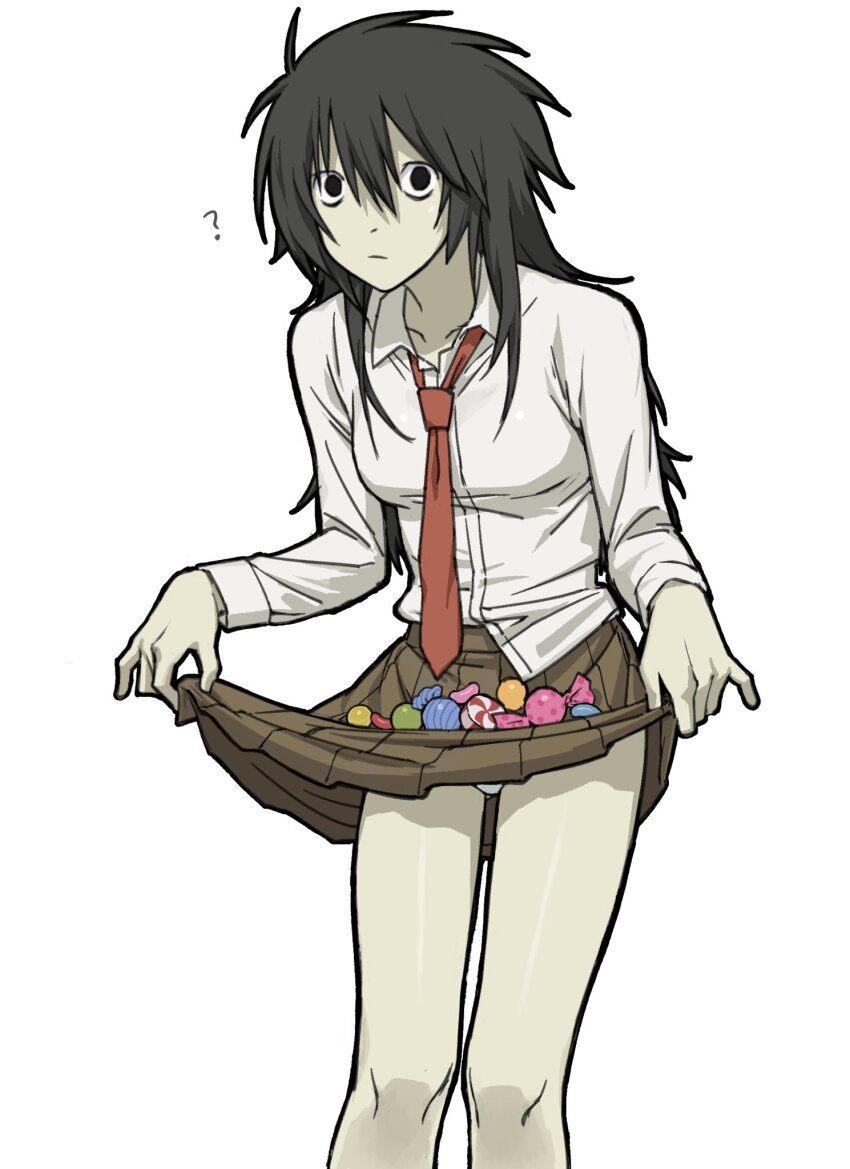 1girl, ?, black_eyes, black_hair, candy, collared_shirt, commentary, death_note, fckdup_asht, food, genderswap, genderswap_(mtf), highres, holding_own_skirt, l_(death_note), long_hair, long_sleeves, necktie, panties, pantyshot, pleated_skirt, shirt, skirt, skirt_basket, solo, underwear, wrapped_candy