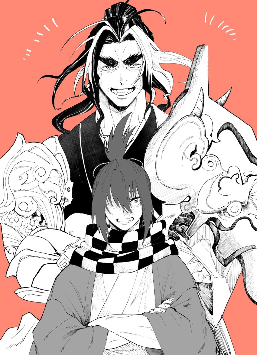 2boys, armor, checkered_clothes, checkered_scarf, cloud_print, crossed_arms, facing_viewer, greyscale, greyscale_with_colored_background, haori, highres, japanese_clothes, kimono, long_hair, long_sleeves, looking_at_viewer, monochrome, multicolored_hair, multiple_boys, okita_souji_(shuumatsu_no_valkyrie), one_eye_covered, pauldrons, ponytail, scarf, shoulder_armor, shuumatsu_no_valkyrie, size_difference, smile, streaked_hair, susano'o_no_mikoto, thick_eyebrows