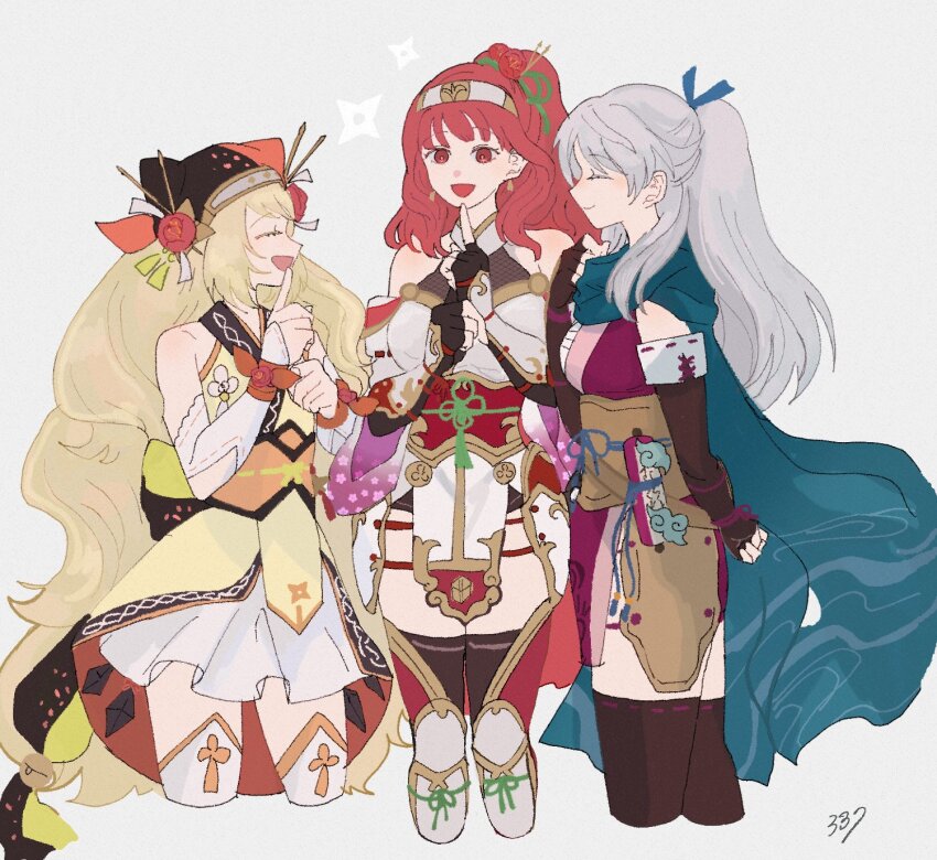 3girls, artist_name, black_gloves, black_thighhighs, blonde_hair, celica_(fire_emblem), celine_(fire_emblem), celine_(ninja)_(fire_emblem)