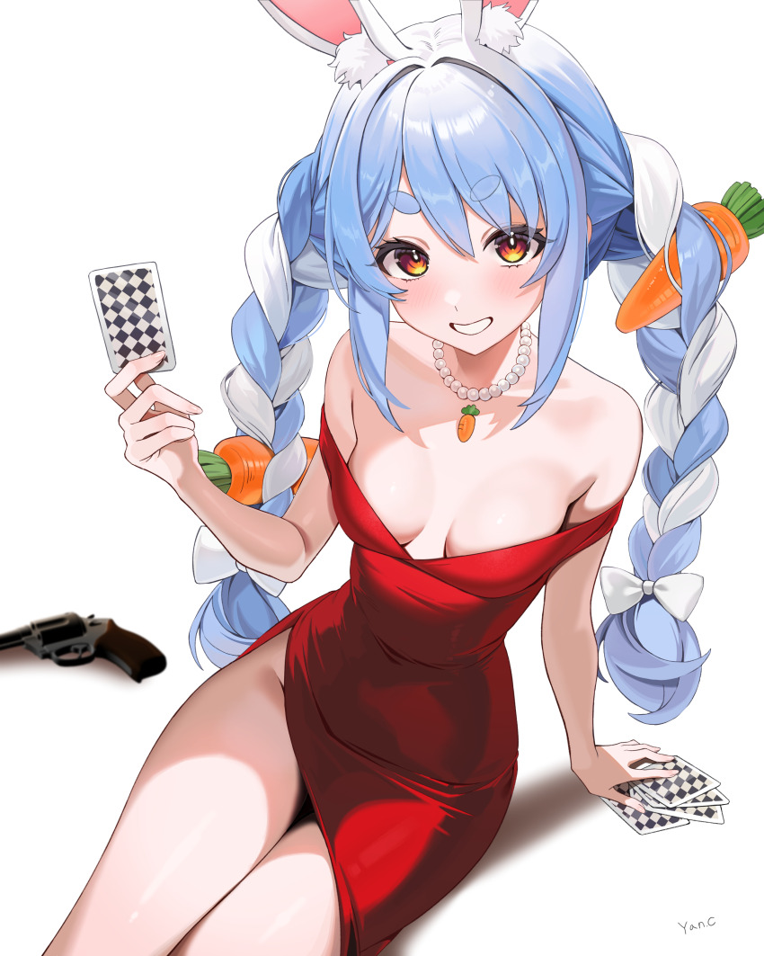 1girl, absurdres, animal_ear_fluff, animal_ears, arm_support, bead_necklace, beads, blue_hair, blush, braid, breasts, card, carrot_hair_ornament, cleavage, commentary, cowboy_shot, dress, english_commentary, eyebrows_hidden_by_hair, food-themed_hair_ornament, from_above, grin, gun, hair_between_eyes, hair_ornament, handgun, highres, holding, holding_card, hololive, jewelry, liar's_bar, long_hair, looking_at_viewer, loose_clothes, medium_breasts, multicolored_hair, necklace, off_shoulder, orange_eyes, rabbit_ears, rabbit_girl, red_dress, revolver, simple_background, sitting, smile, solo, thick_eyebrows, thighs, twin_braids, twintails, two-tone_hair, usada_pekora, virtual_youtuber, weapon, white_background, white_hair, yan.c