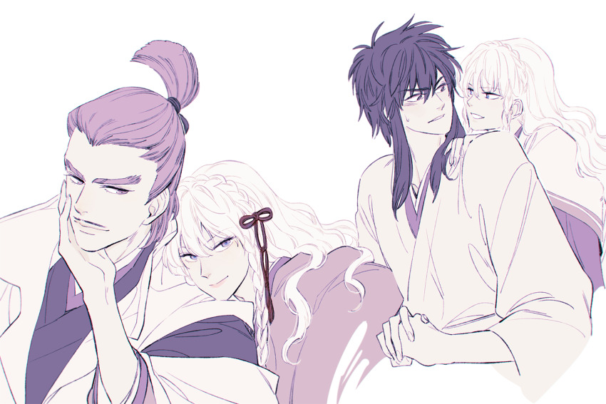 1girl, 2boys, :d, ashikaga_yoshiteru_(sengoku_basara), azai_nagamasa_(sengoku_basara), black_eyes, black_hair, blue_eyes, eye_contact, facial_hair, front-to-back, japanese_clothes, khirzava, kimono, kyougoku_maria_(sengoku_basara), looking_at_another, looking_at_viewer, multiple_boys, multiple_views, mustache, muted_color, open_mouth, purple_eyes, purple_hair, sengoku_basara, sidelocks, simple_background, smile, sweatdrop, topknot, white_background, white_hair