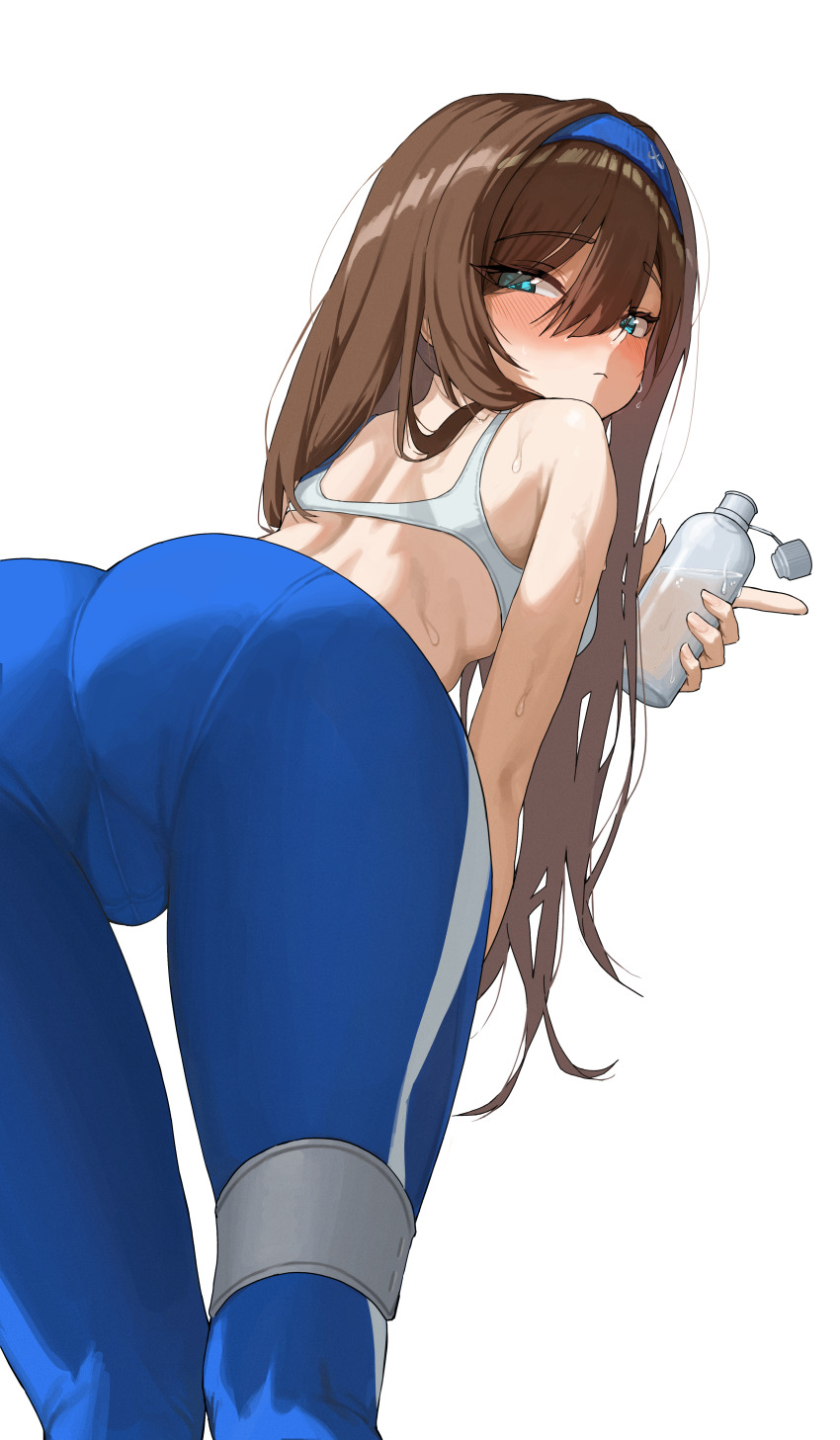 1girl, absurdres, aqua_eyes, arm_on_knee, ass, back, blue_hairband, blue_pants