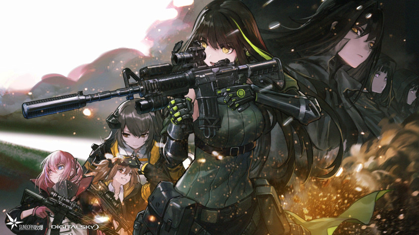 6+girls, algae_(5455454541), ar-15, armband, assault_rifle, breasts, brown_eyes, brown_hair
