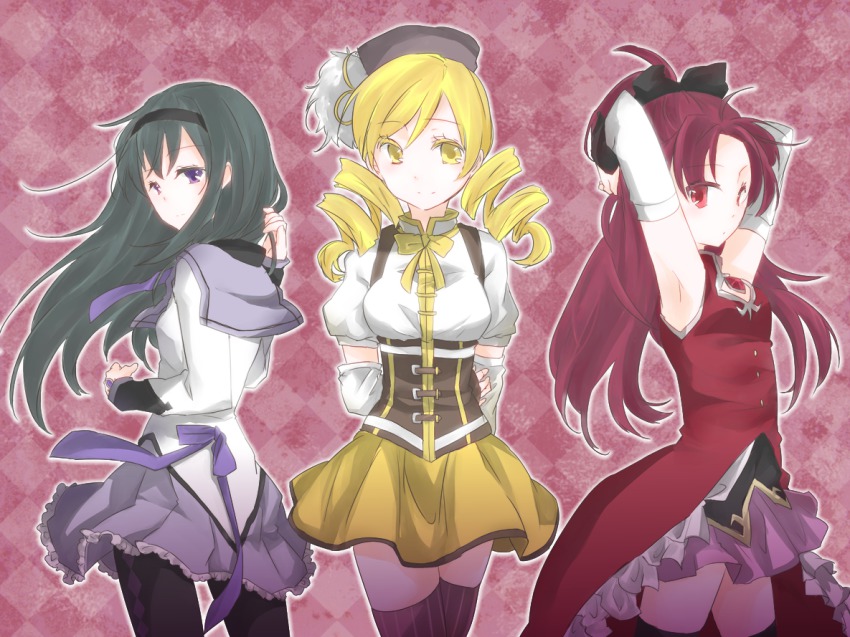 10s, 3girls, akemi_homura, akemi_homura_(magical_girl), armpits, arms_behind_head, bad_id, bad_pixiv_id