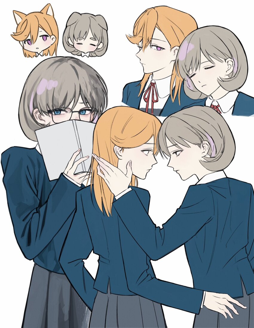 2girls, animal_ears, black-framed_eyewear, blue_eyes, blue_jacket, book, cat_ears, closed_eyes