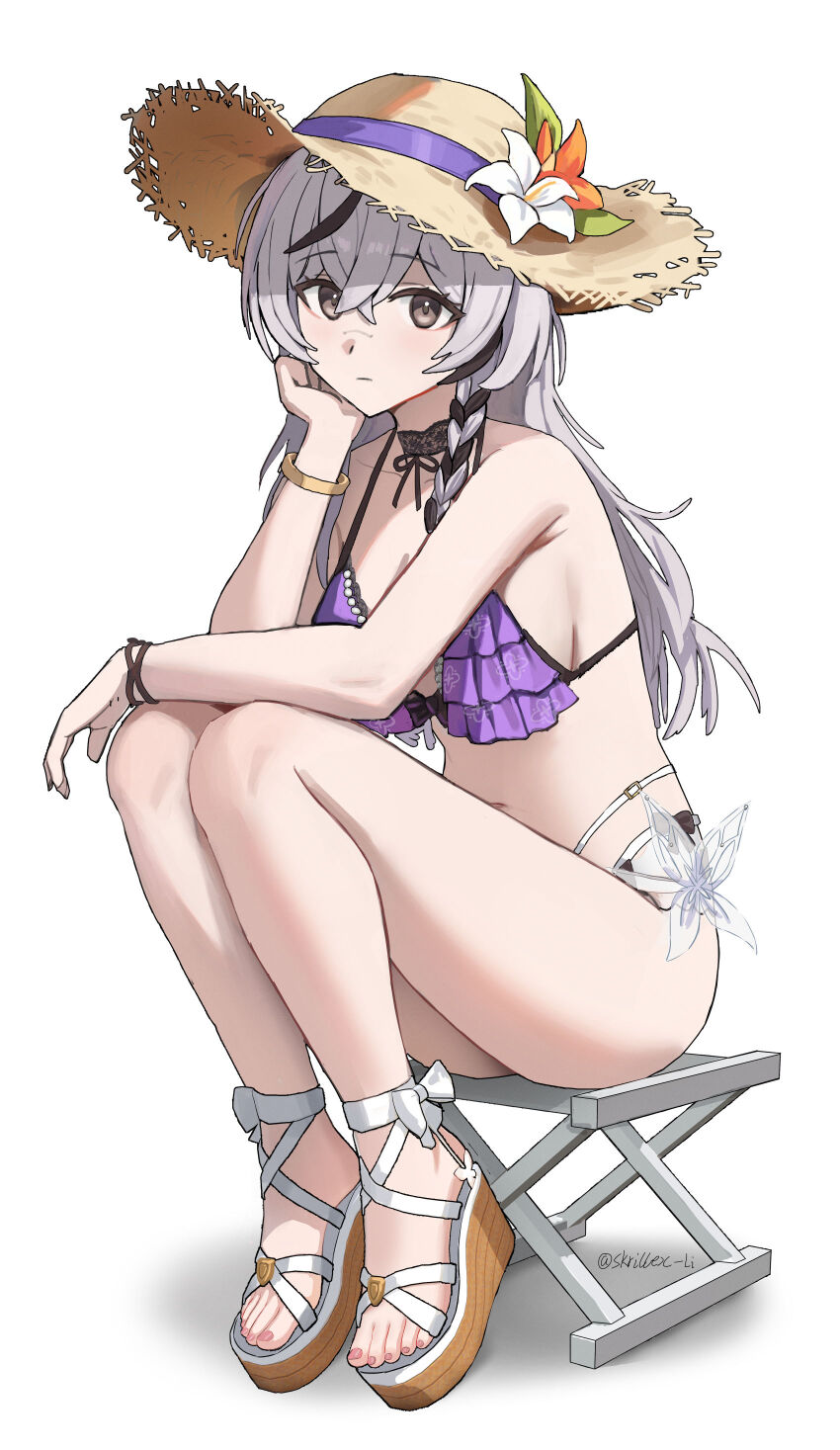 absurdres, bangle, bare_legs, bare_shoulders, bikini, black_eyes, black_hair, bracelet