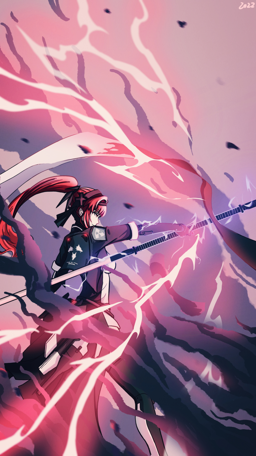 1girl, absurdres, black_hairband, bodysuit, hair_intakes, hairband, highres, holding