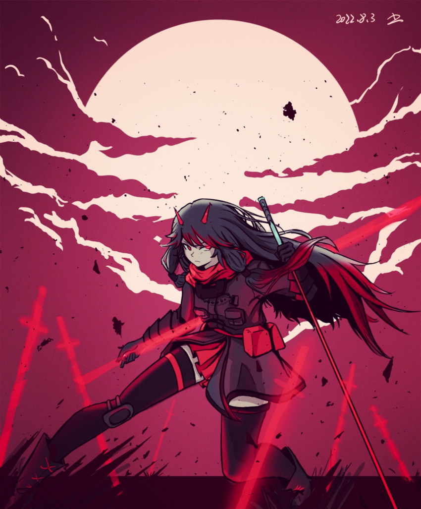 1girl, belt_pouch, black_hair, black_jacket, black_thighhighs, full_body, gradient_hair, highres