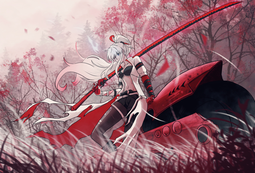 1girl, absurdres, alpha_(pgr), black_bra, black_leggings, blue_eyes, bra, gradient_hair