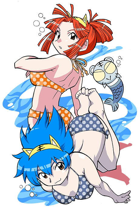 2girls, amu_ru, animal_ear_hairband, animal_ears, aqua_hair, ass, bare_arms, bare_legs