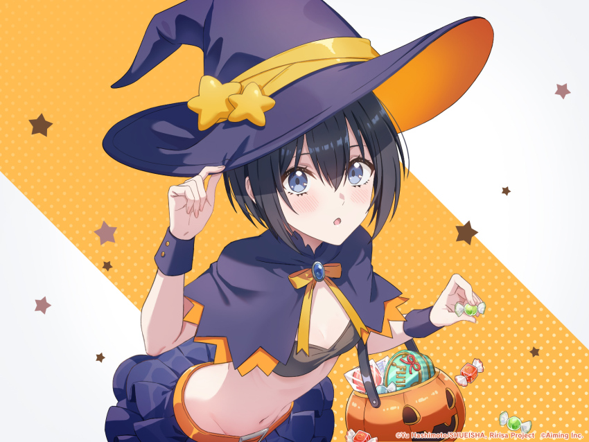 1girl, 2.5_jigen_no_ririsa, 2.5_jigen_no_ririsa_tenshitachi_no_stage, adjusting_clothes, adjusting_headwear, belt, black_bra, black_capelet, black_hair, black_hat, black_skirt, black_wrist_cuffs, blue_eyes, bra, brooch, candy, capelet, copyright_notice, female_focus, food, halloween, halloween_bucket, halloween_costume, hashtag-only_commentary, hat, highres, holding, holding_candy, holding_food, jewelry, leaning_forward, light_blush, looking_at_viewer, midriff, navel, neck_ribbon, nonoa_(2.5_jigen_no_ririsa), official_art, open_mouth, orange_background, orange_belt, orange_ribbon, pleated_skirt, polka_dot, polka_dot_background, ribbon, second-party_source, short_hair, skirt, solo, star_(symbol), star_symbol_background, two-tone_background, underwear, upper_body, white_background, witch_hat, wrist_cuffs