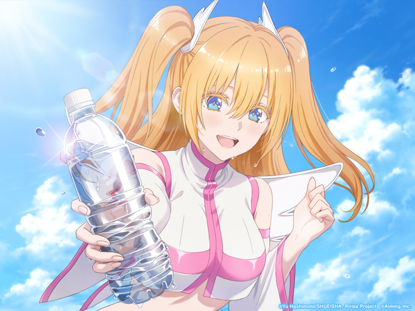 1girl, 2.5_jigen_no_ririsa, 2.5_jigen_no_ririsa_tenshitachi_no_stage, amano_ririsa, bare_shoulders, blue_eyes, blue_sky, bottle