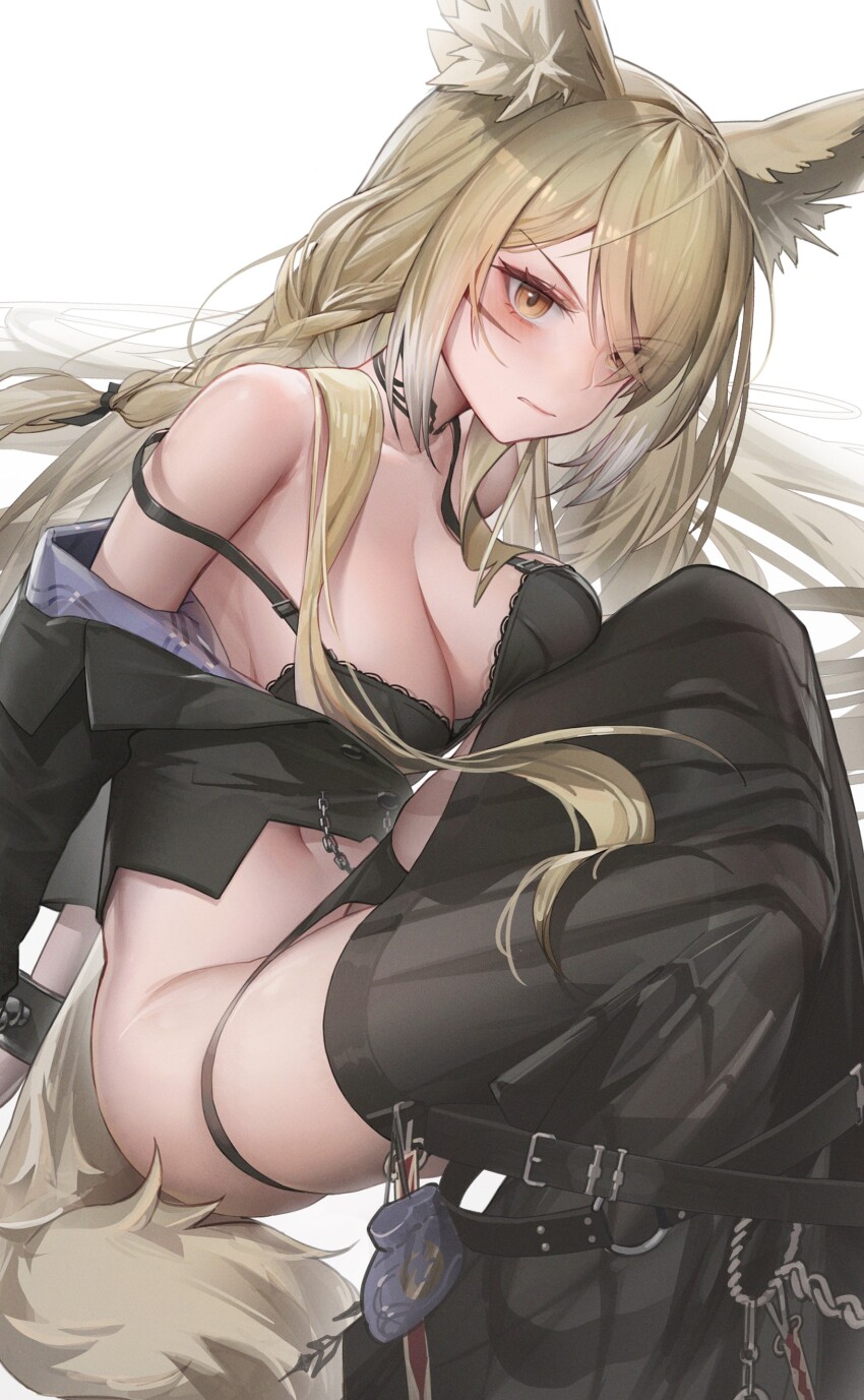 1girl, absurdres, animal_ears, arknights, black_bra, black_skirt, blonde_hair, bra