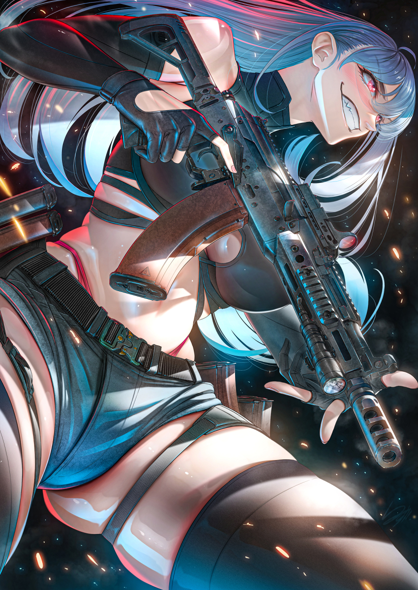 1girl, ahoge, ak-104, assault_rifle, bare_shoulders, belt, black_background, black_belt