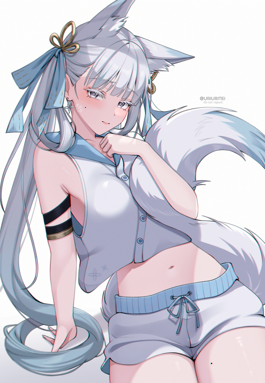 1girl, alternate_costume, animal_ear_fluff, animal_ears, armpit_crease, artist_name, bare_shoulders, blush