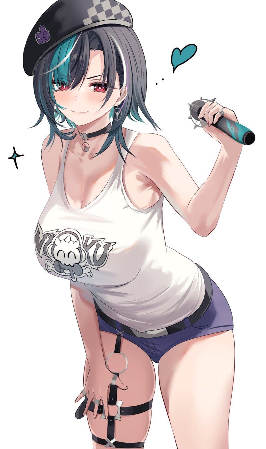 1girl, belt, beret, black_belt, black_choker, black_hair, black_hat, blush